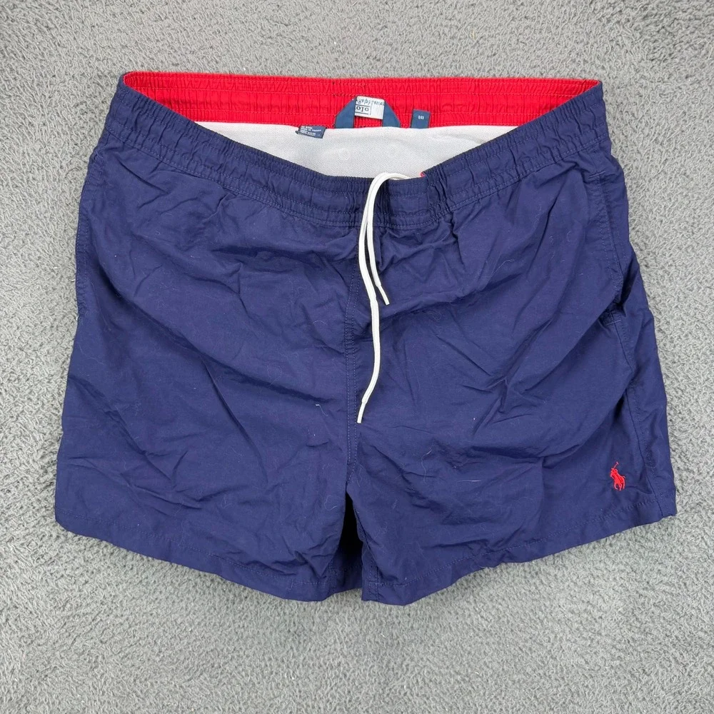Polo Ralph Lauren Mens Swim Trunks Navy Blue Red Pony Logo Mesh Lined Large